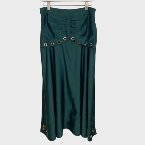 Self Portrait NWT Dark Green Satin Midi Skirt with Grommets US Size 8 - Picture 2 of 10